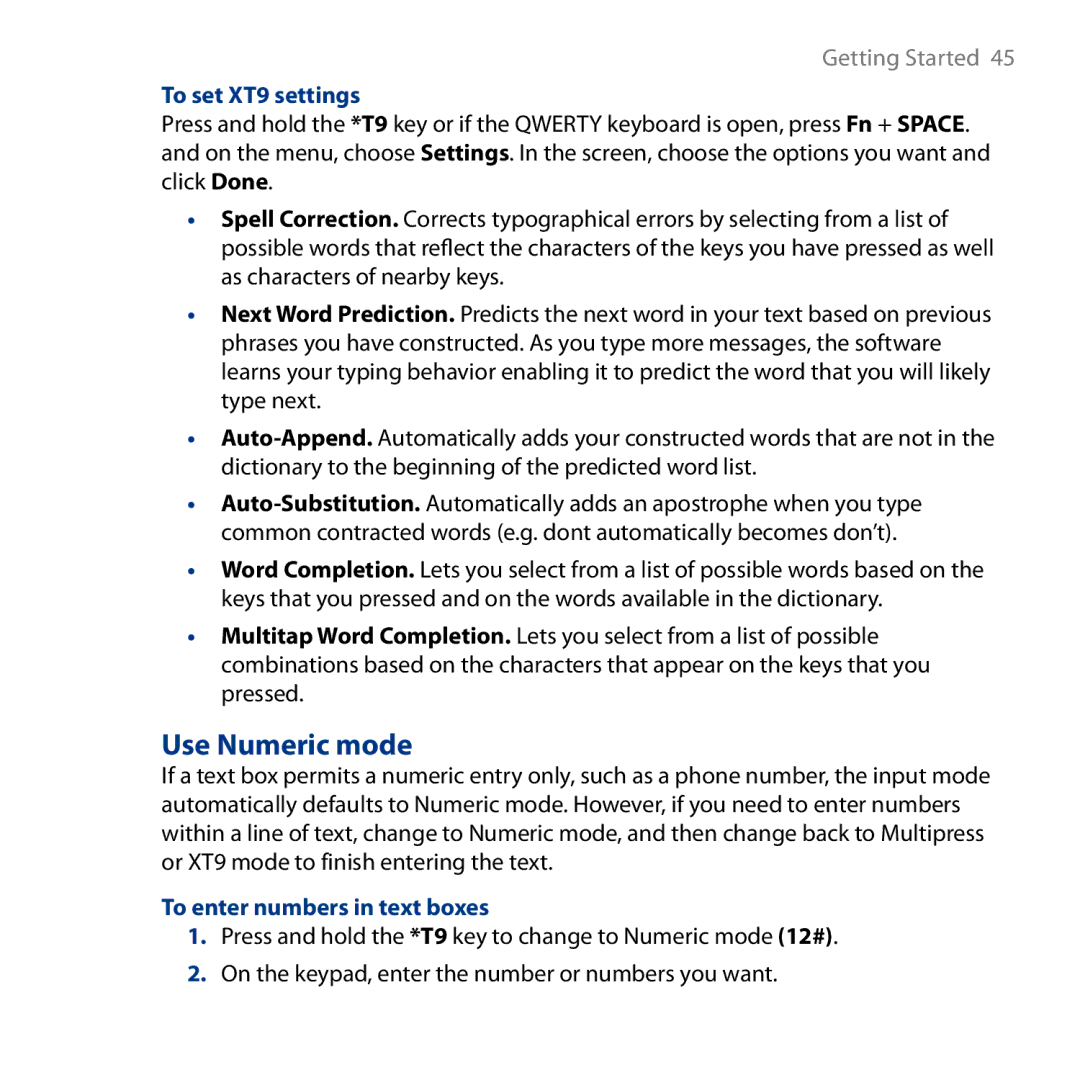 HTC S743, ROSE130 user manual Use Numeric mode, To set XT9 settings, To enter numbers in text boxes 