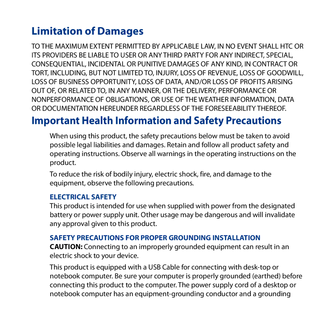 HTC S743, ROSE130 user manual Limitation of Damages, Important Health Information and Safety Precautions 