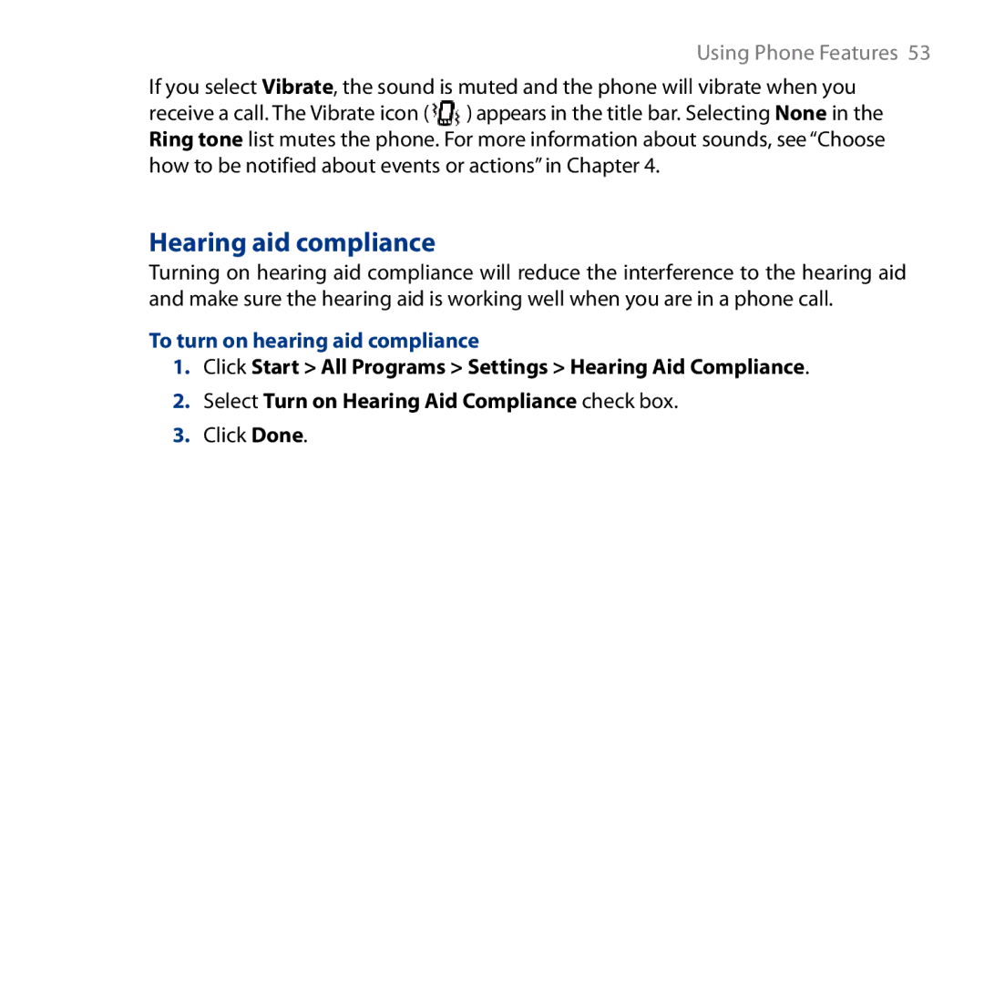 HTC S743, ROSE130 user manual Hearing aid compliance, To turn on hearing aid compliance 