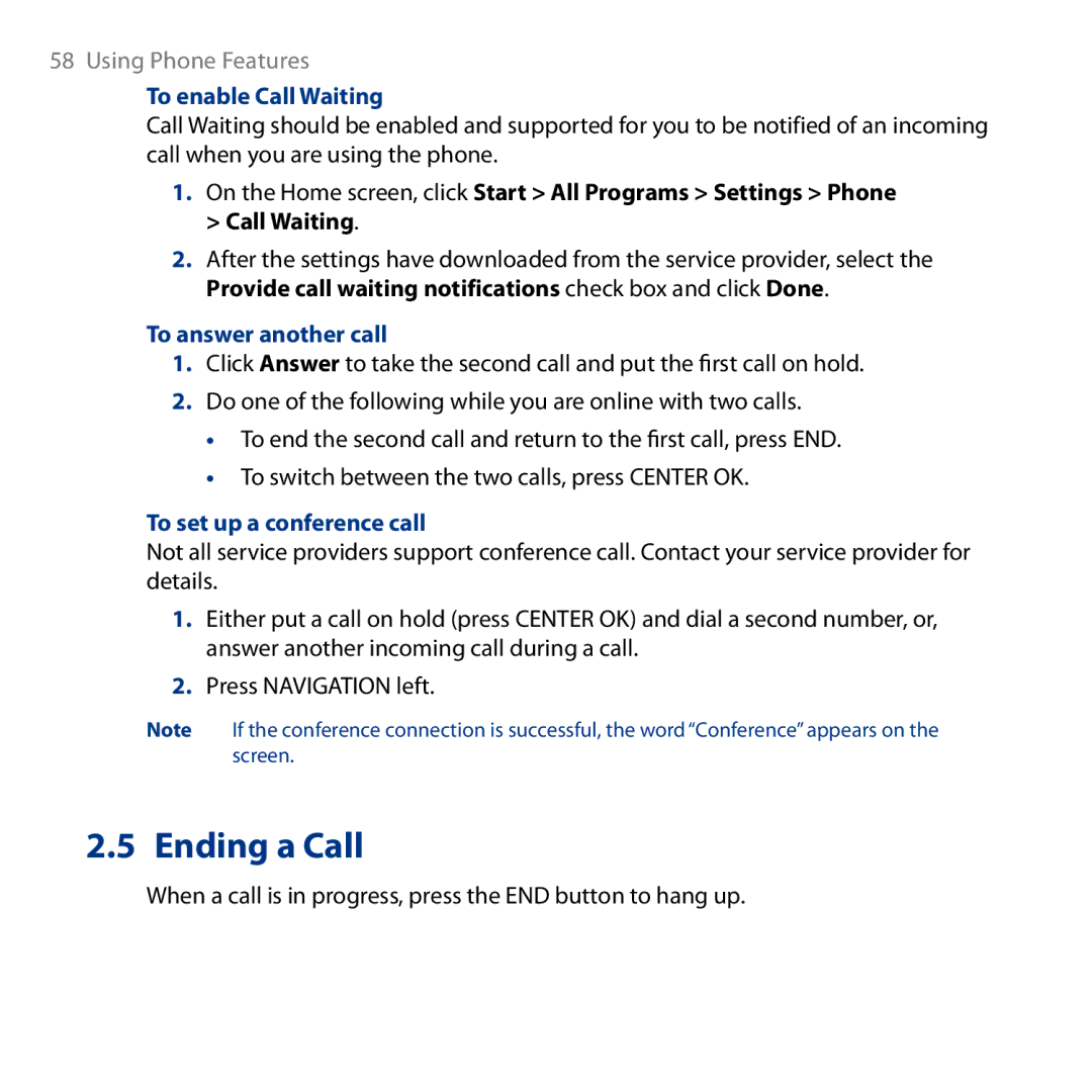 HTC ROSE130, S743 user manual Ending a Call, To enable Call Waiting, To answer another call, To set up a conference call 