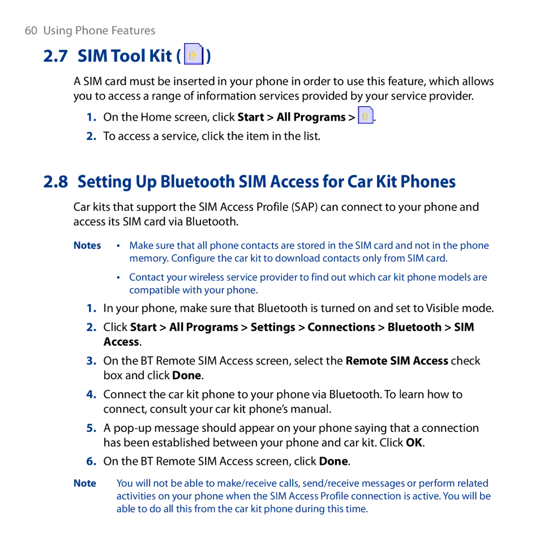 HTC ROSE130, S743 user manual SIM Tool Kit, Setting Up Bluetooth SIM Access for Car Kit Phones 