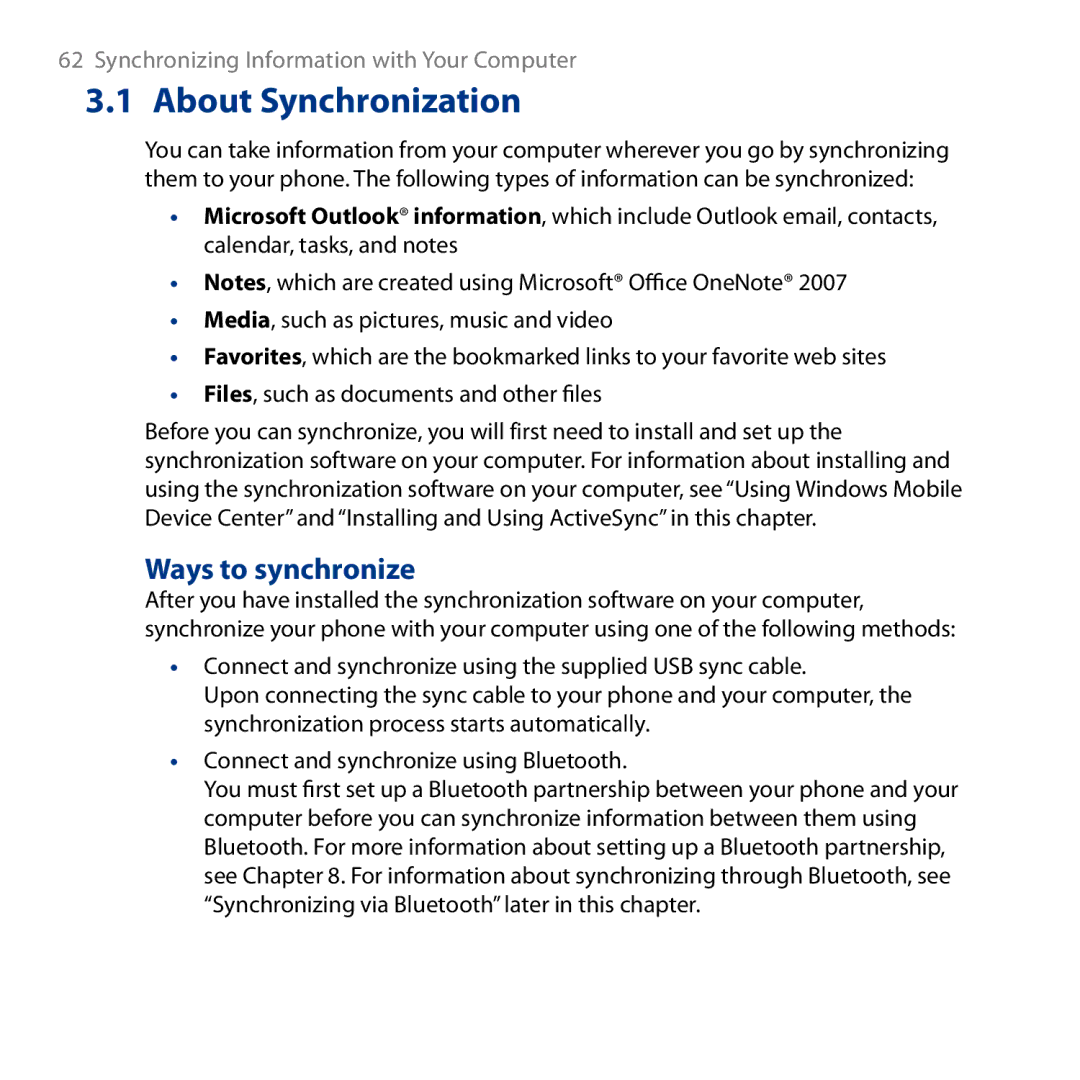 HTC ROSE130, S743 user manual Ways to synchronize 