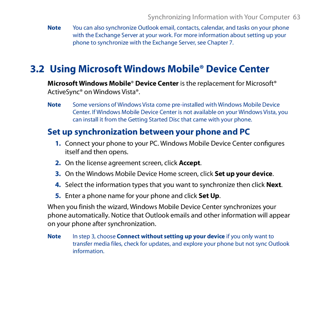 HTC S743, ROSE130 user manual Using Microsoft Windows Mobile Device Center, Set up synchronization between your phone and PC 