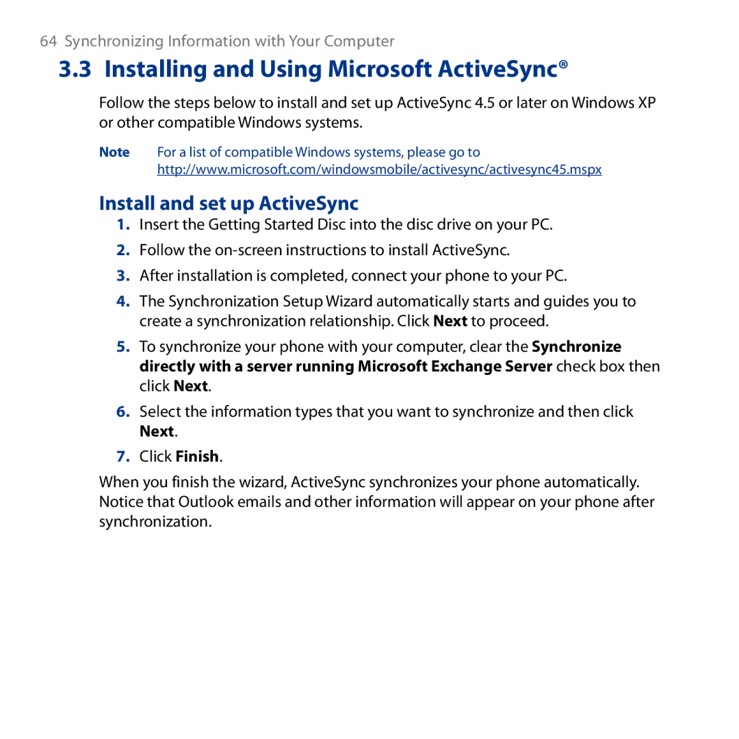 HTC ROSE130, S743 user manual Installing and Using Microsoft ActiveSync, Install and set up ActiveSync 
