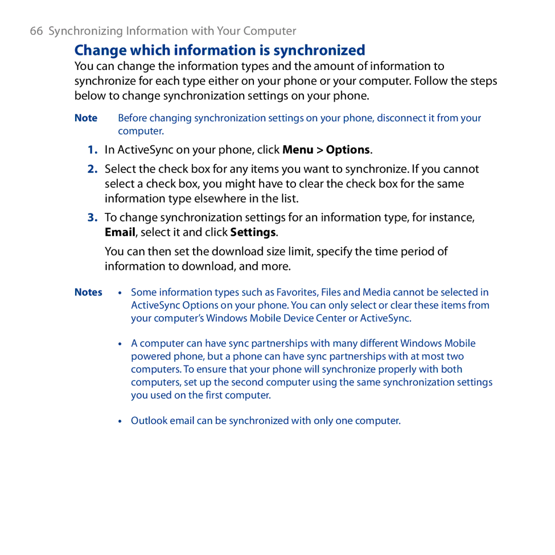 HTC ROSE130, S743 user manual Change which information is synchronized 