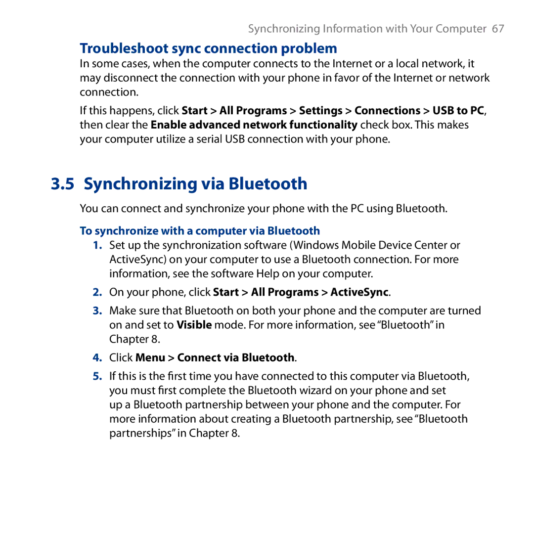 HTC S743, ROSE130 user manual Troubleshoot sync connection problem, To synchronize with a computer via Bluetooth 