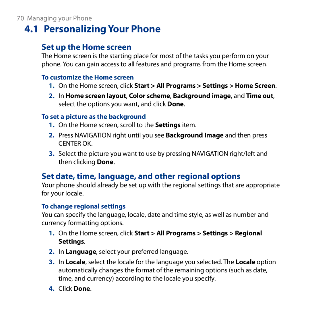 HTC ROSE130, S743 Personalizing Your Phone, Set up the Home screen, Set date, time, language, and other regional options 