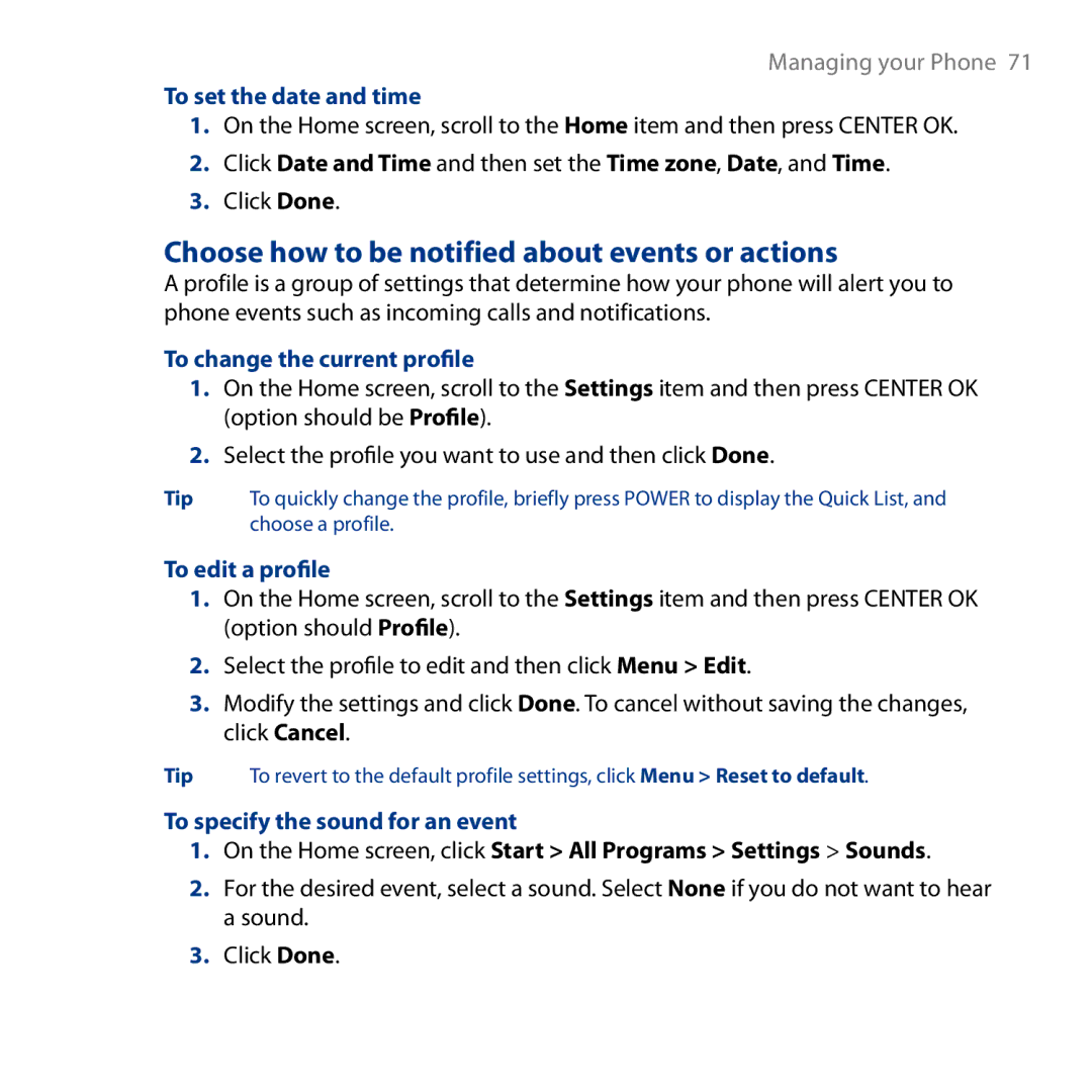HTC S743 Choose how to be notified about events or actions, To set the date and time, To change the current profile 