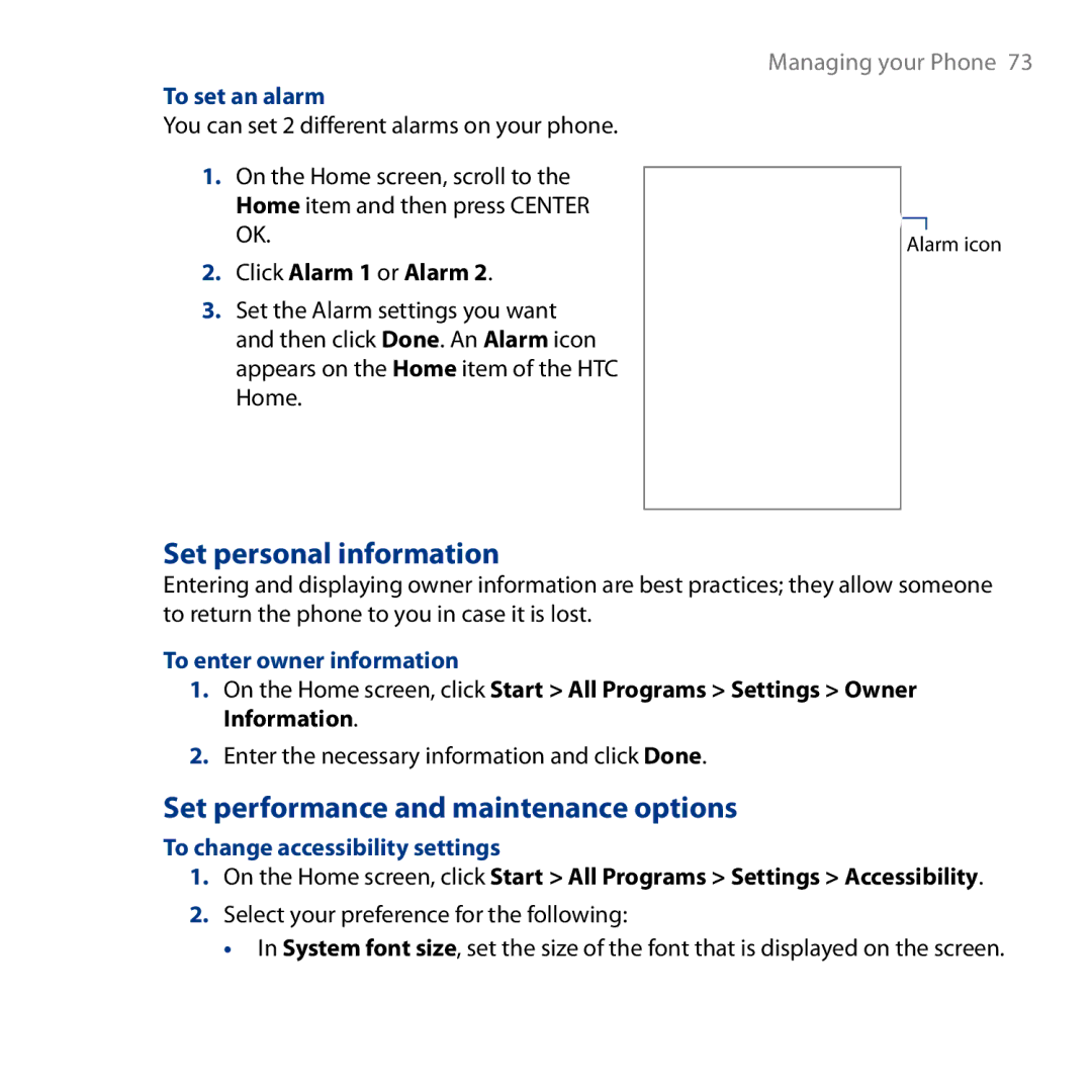 HTC S743 Set personal information, Set performance and maintenance options, To set an alarm, To enter owner information 