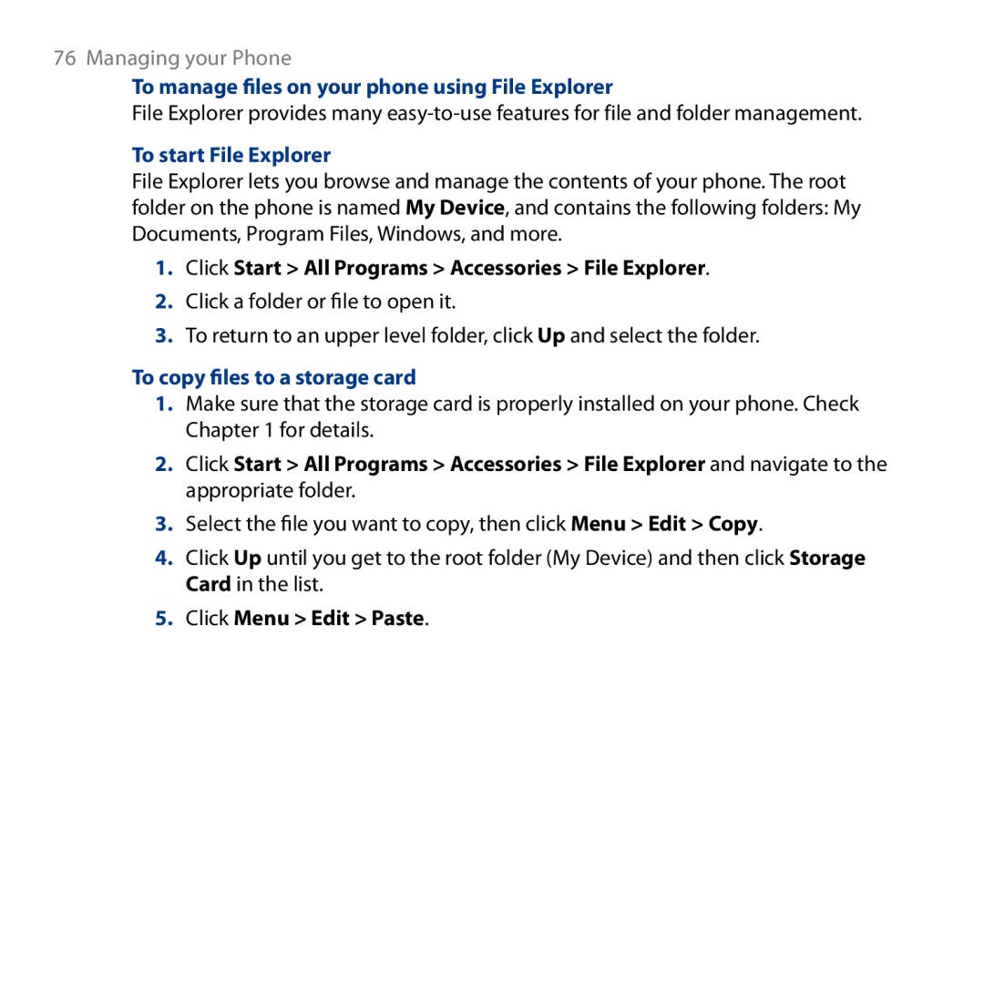 HTC ROSE130 To manage files on your phone usingFile Explorer, To start File Explorer, To copy files to a storage card 