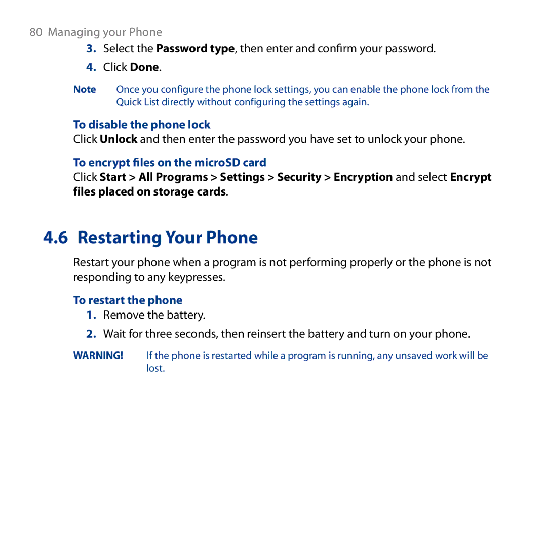 HTC ROSE130, S743 user manual To disable the phone lock, To encrypt files on the microSD card, To restart the phone 