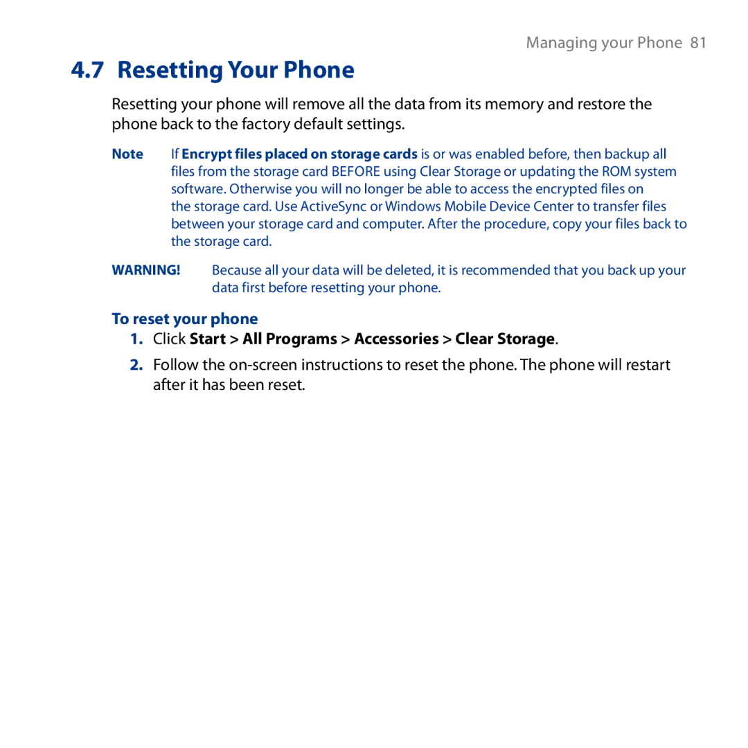 HTC S743, ROSE130 user manual To reset your phone, Click Start All Programs Accessories Clear Storage 