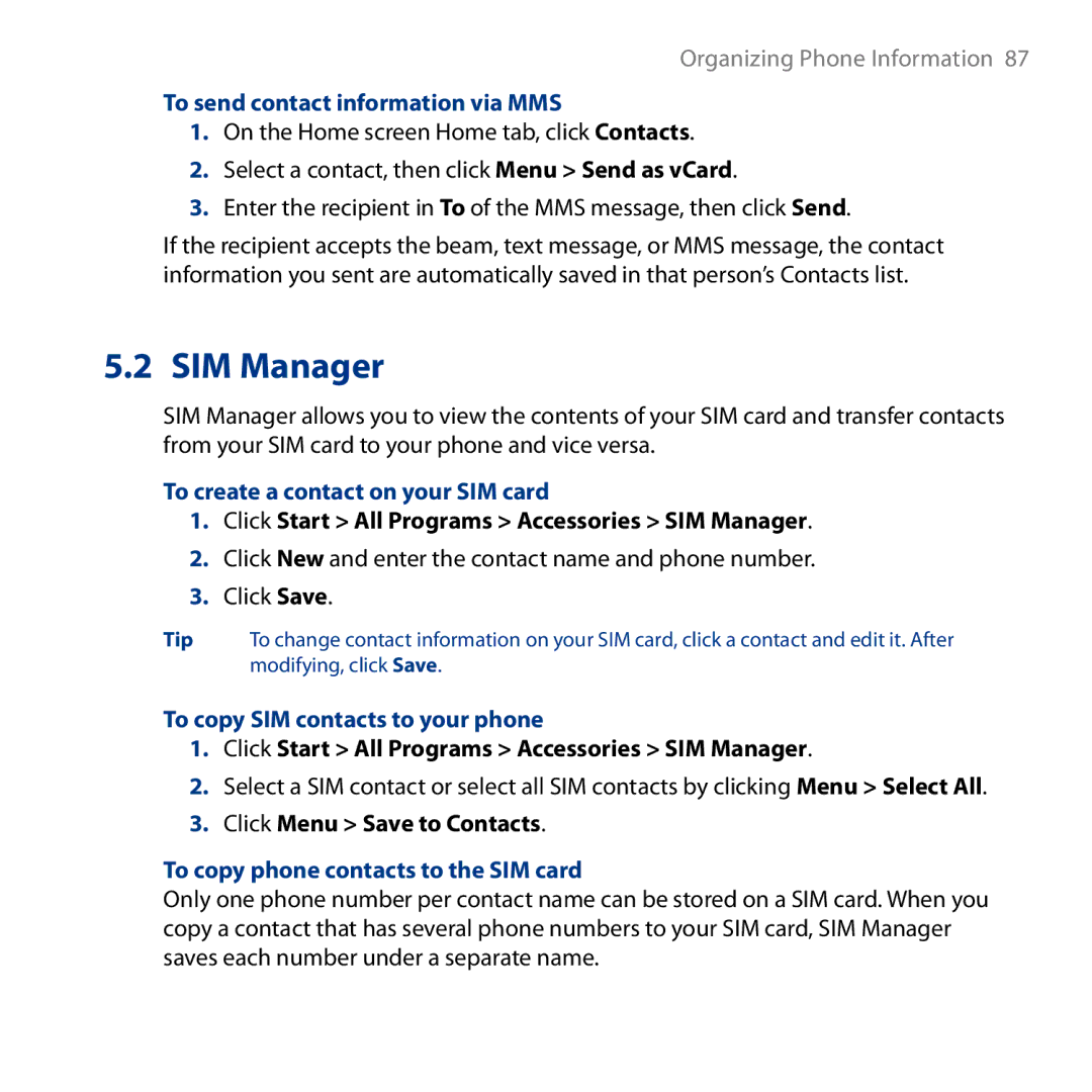 HTC S743 To send contact information via MMS, To create a contact on your SIM card, To copy SIM contacts to your phone 