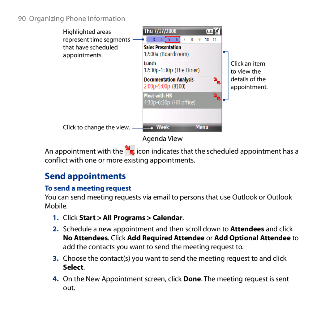 HTC ROSE130, S743 user manual Send appointments, To send a meeting request, Click Start All Programs Calendar 