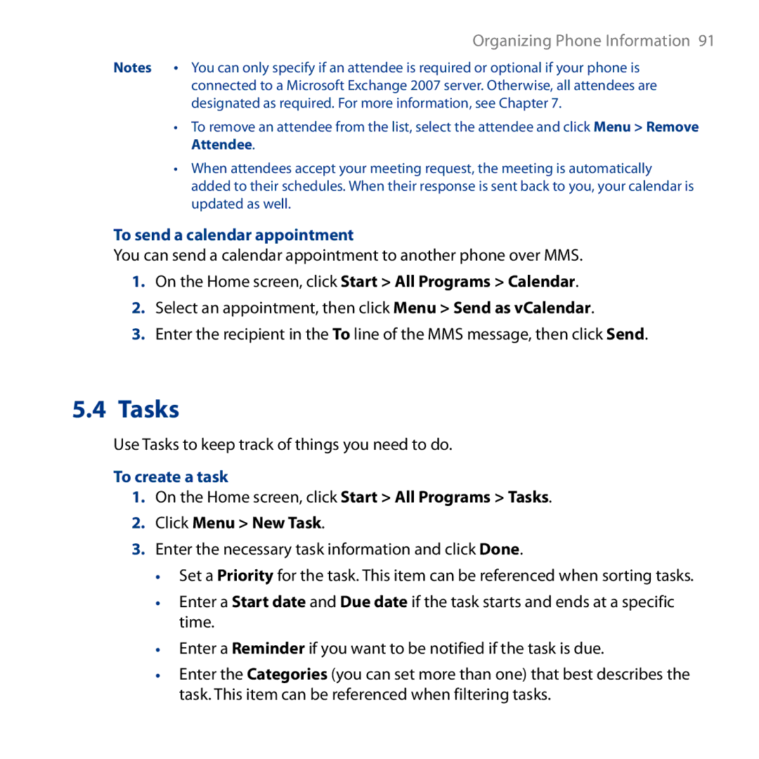 HTC S743, ROSE130 user manual To send a calendar appointment, To create a task 