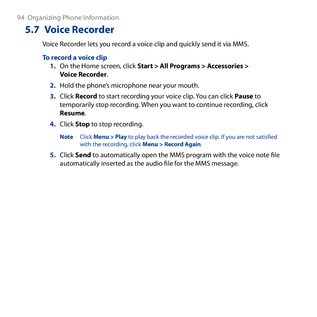 HTC ROSE130, S743 user manual Voice Recorder, To record a voice clip 