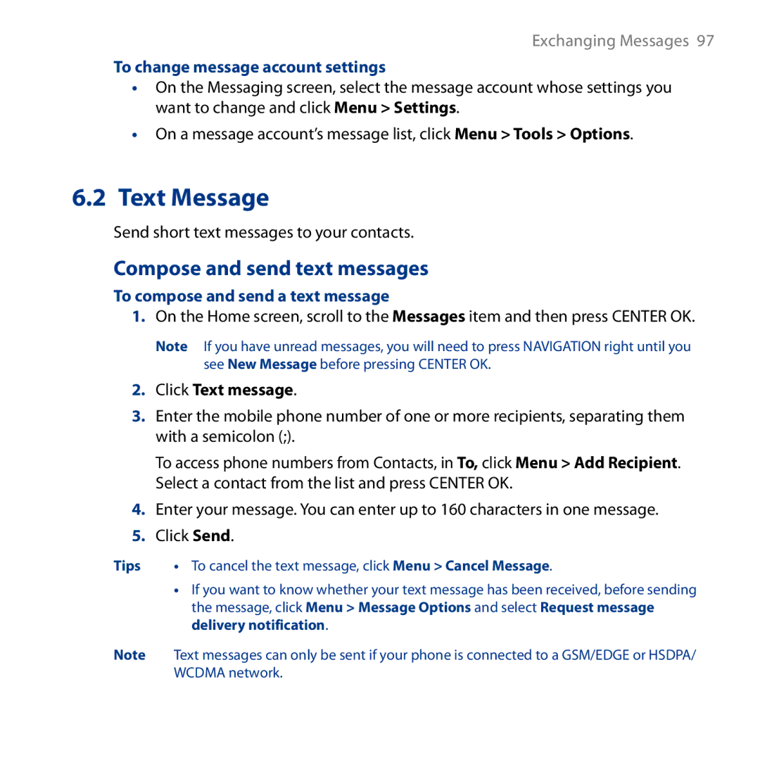 HTC S743, ROSE130 Compose and send text messages, To change message account settings, To compose and send a text message 