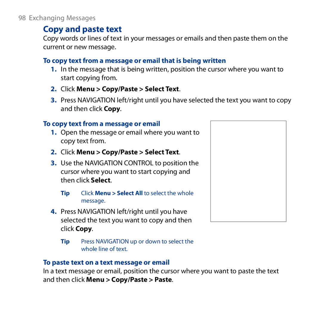 HTC ROSE130, S743 user manual Copy and paste text, To copy text from a message or email that is being written 