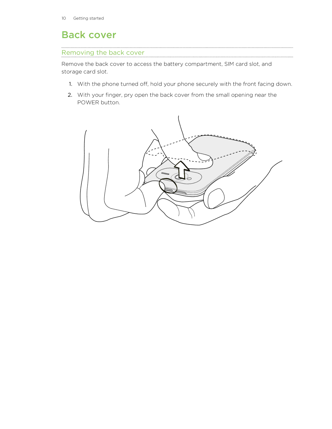 HTC S manual Back cover, Removing the back cover 