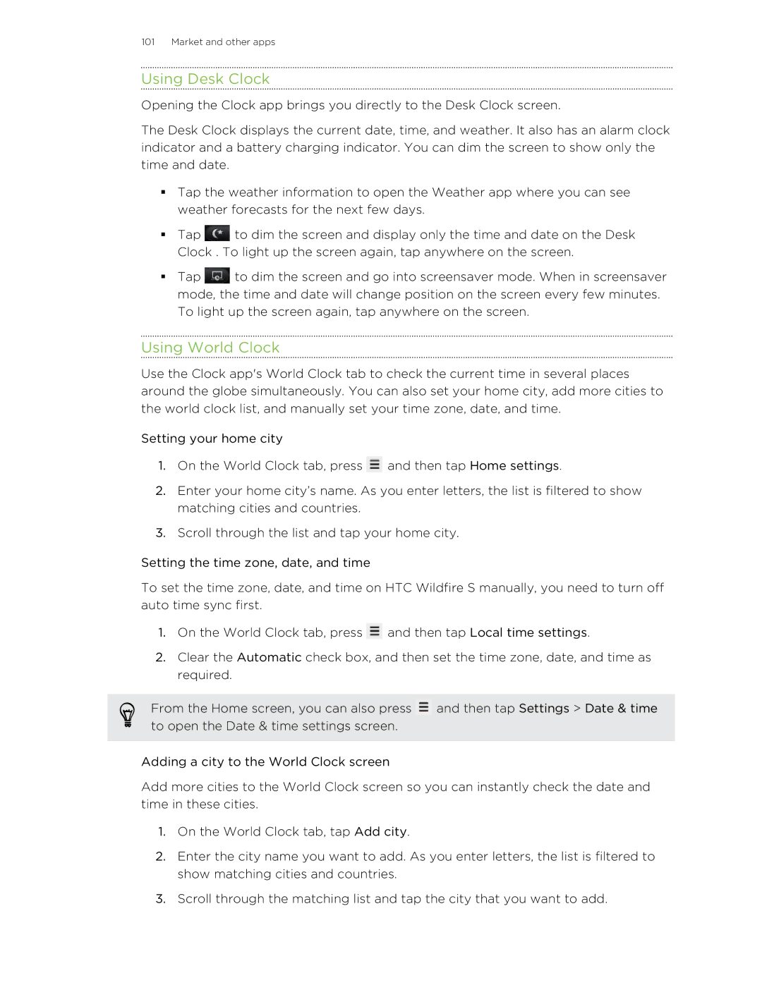 HTC S manual Using Desk Clock, Using World Clock 