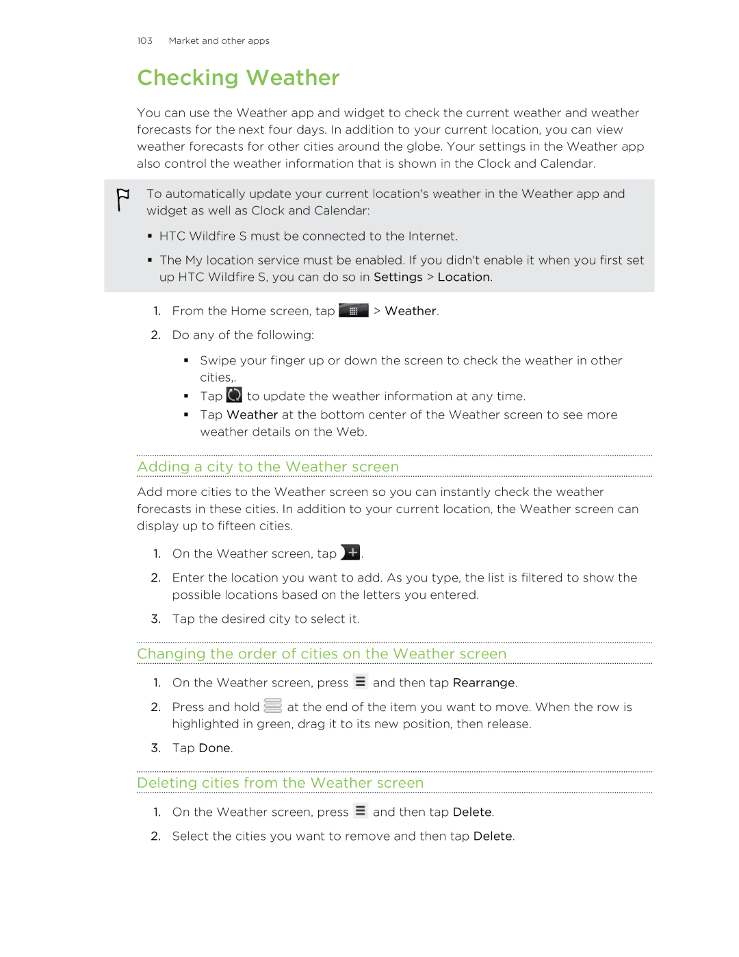HTC S manual Checking Weather, Adding a city to the Weather screen, Changing the order of cities on the Weather screen 