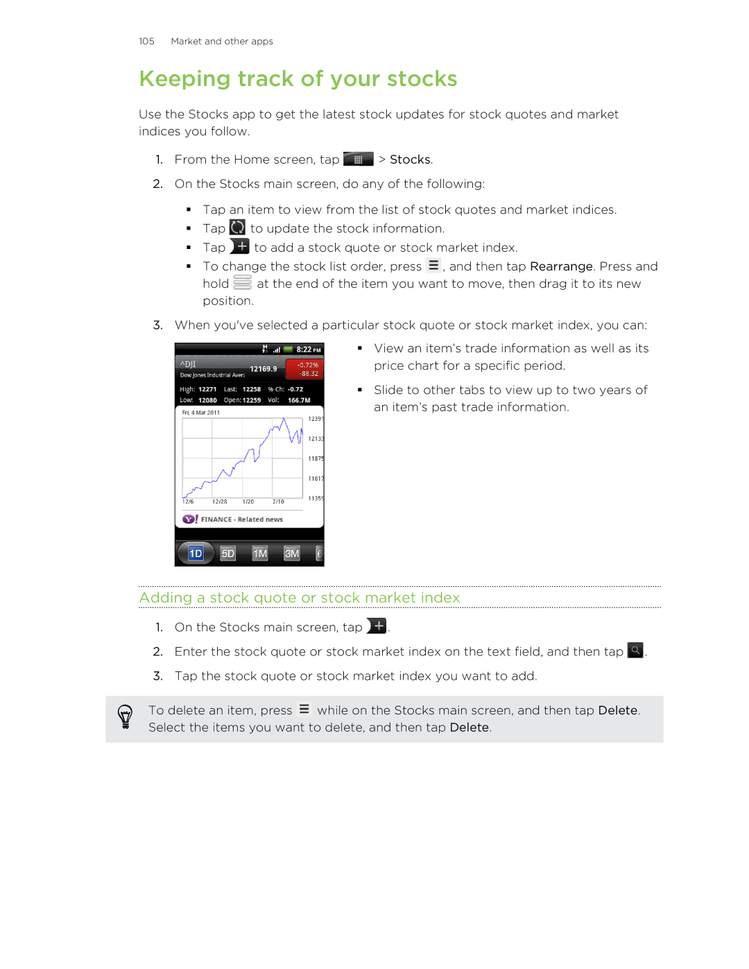 HTC S manual Keeping track of your stocks, Adding a stock quote or stock market index 