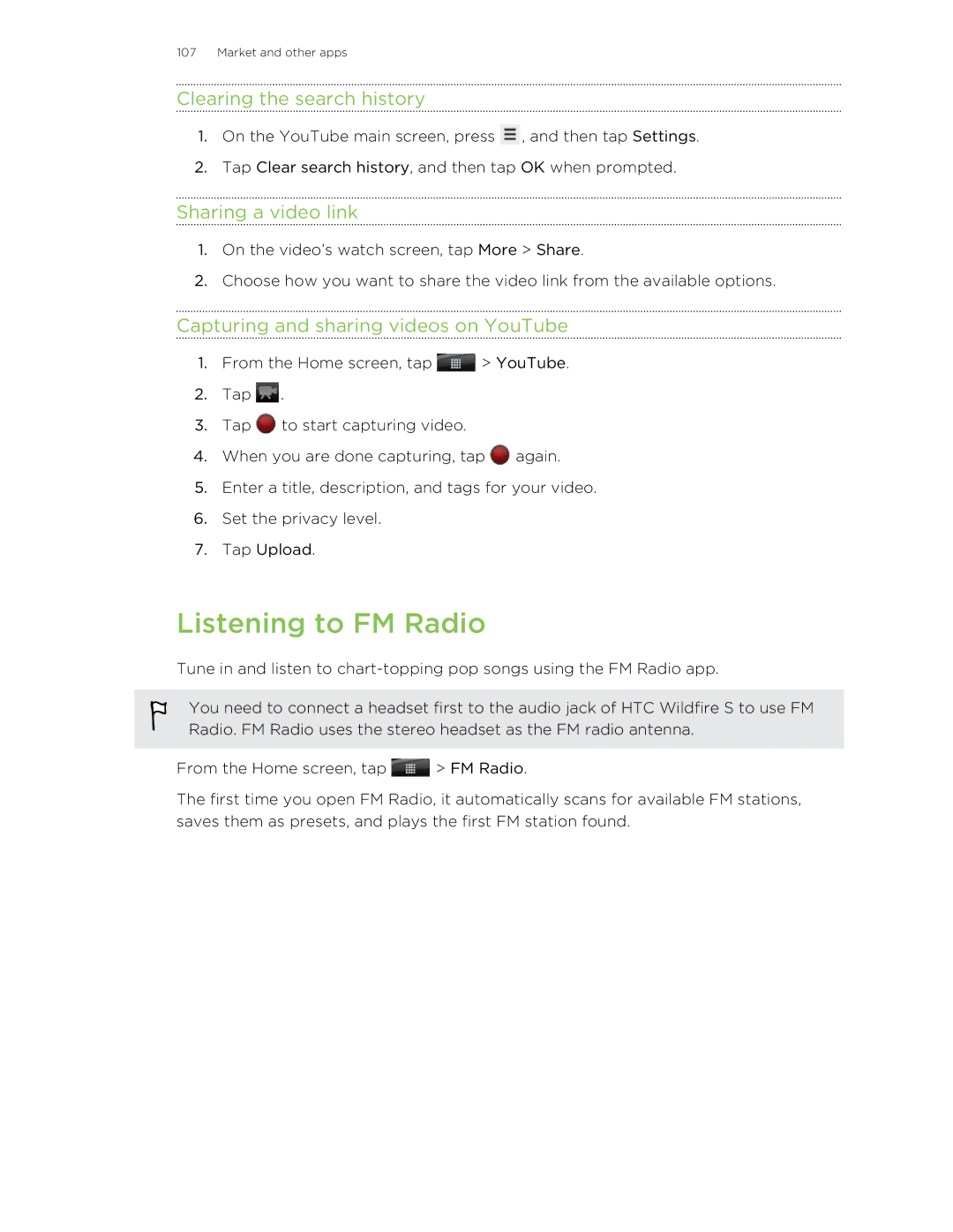 HTC Listening to FM Radio, Clearing the search history, Sharing a video link, Capturing and sharing videos on YouTube 