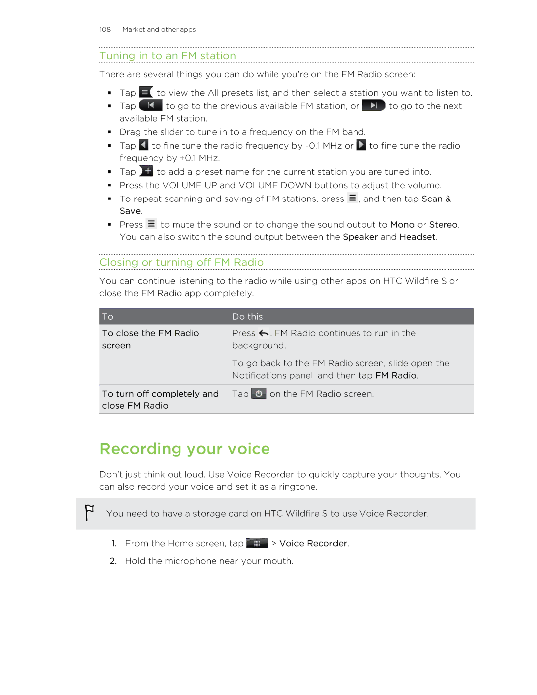 HTC S manual Recording your voice, Tuning in to an FM station, Closing or turning off FM Radio 