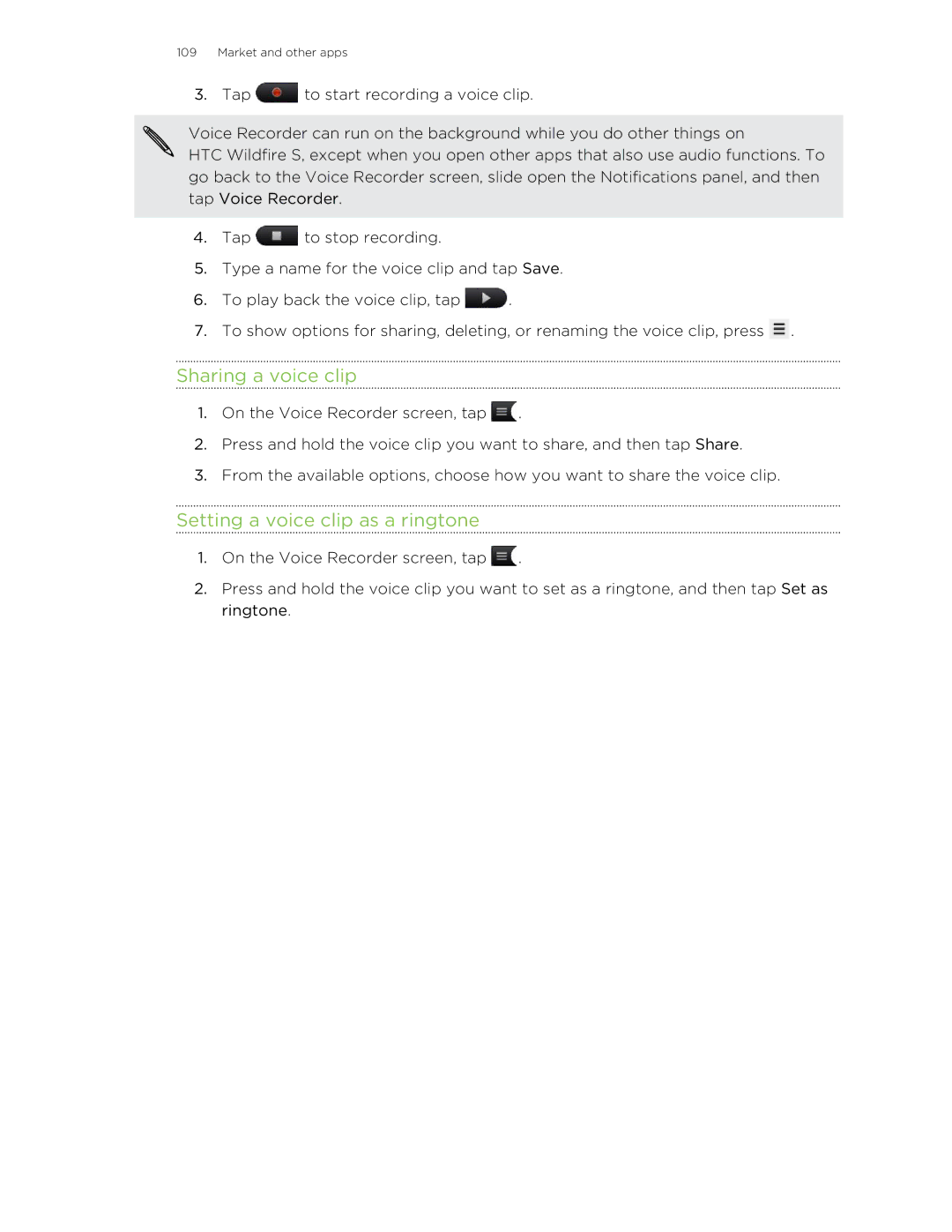 HTC manual Sharing a voice clip, Setting a voice clip as a ringtone 