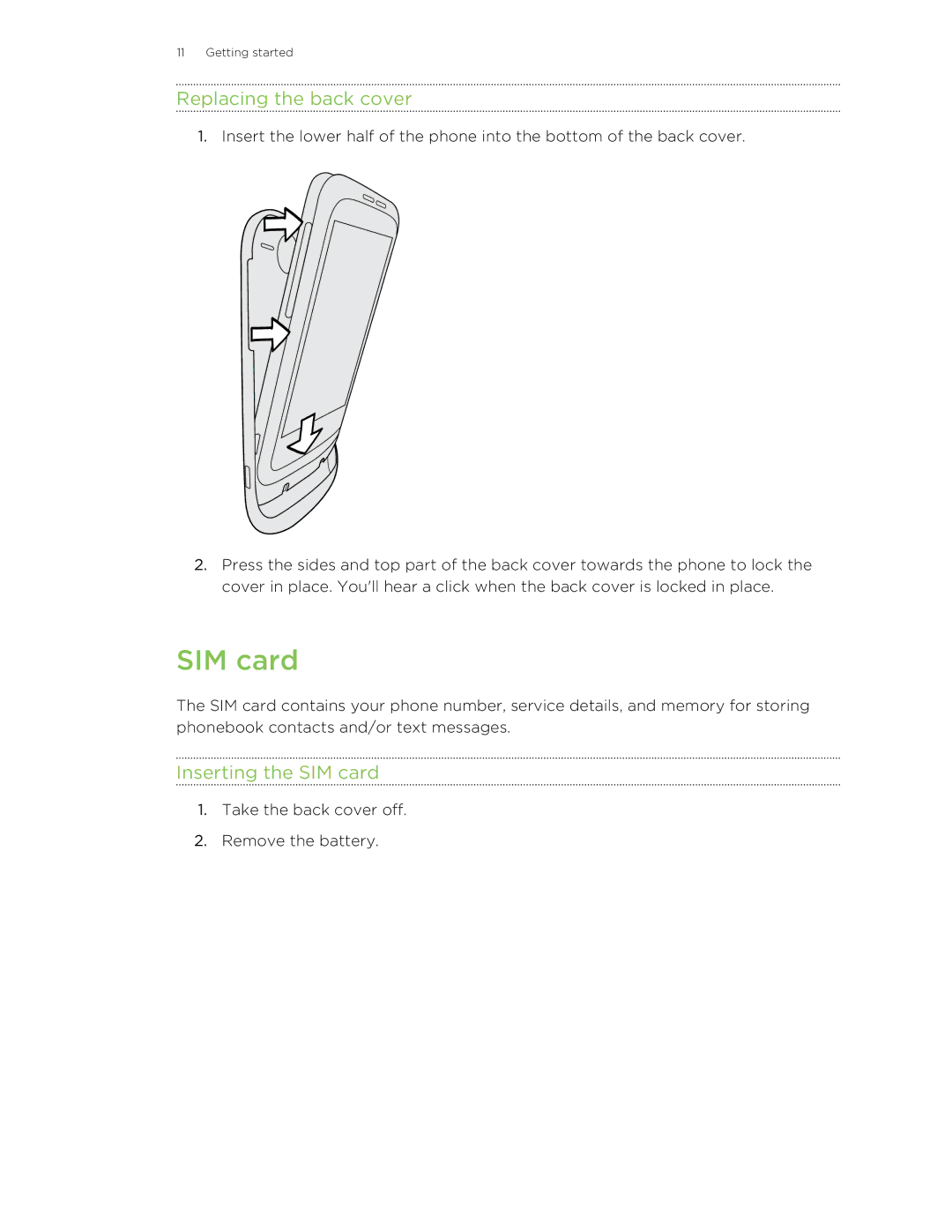 HTC manual Replacing the back cover, Inserting the SIM card 