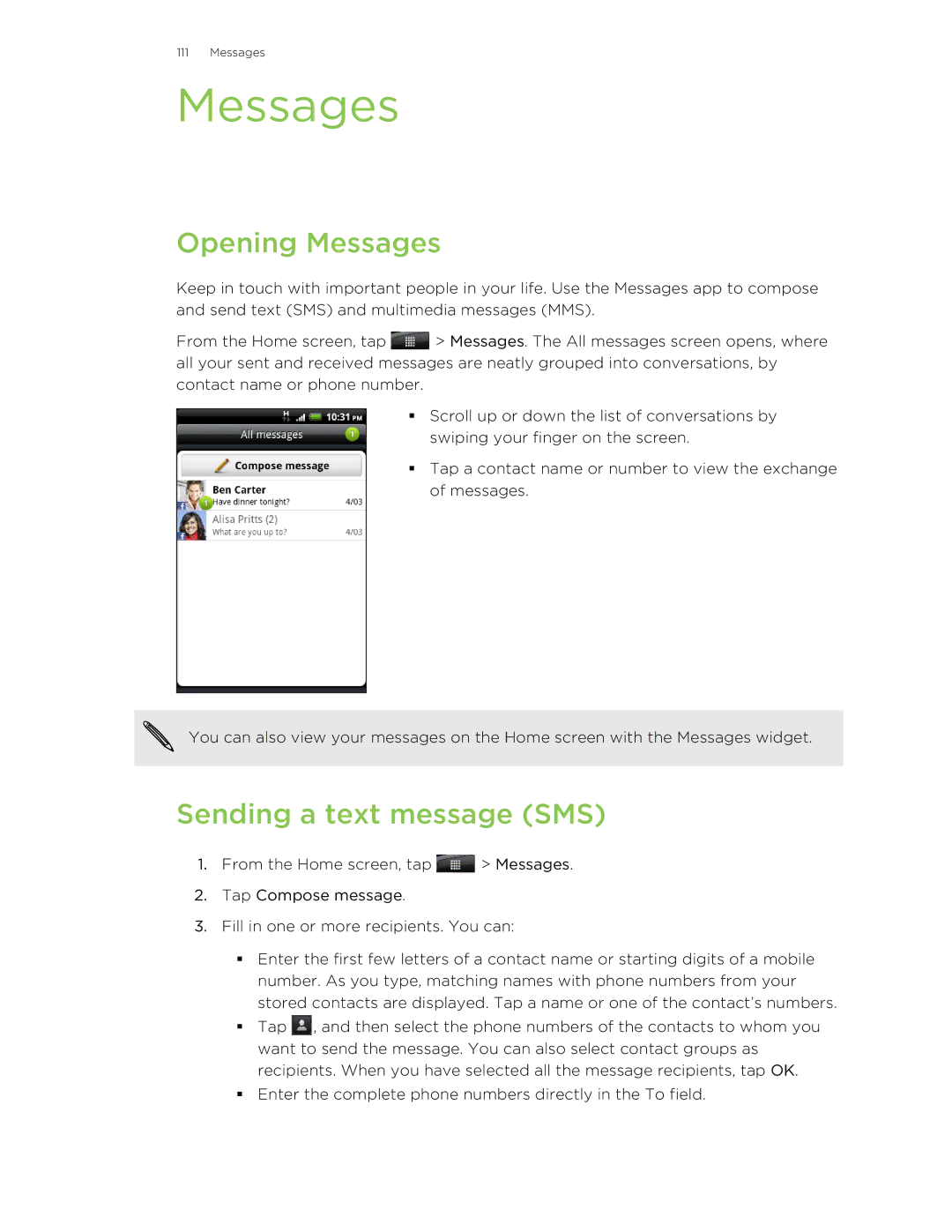 HTC manual Opening Messages, Sending a text message SMS 