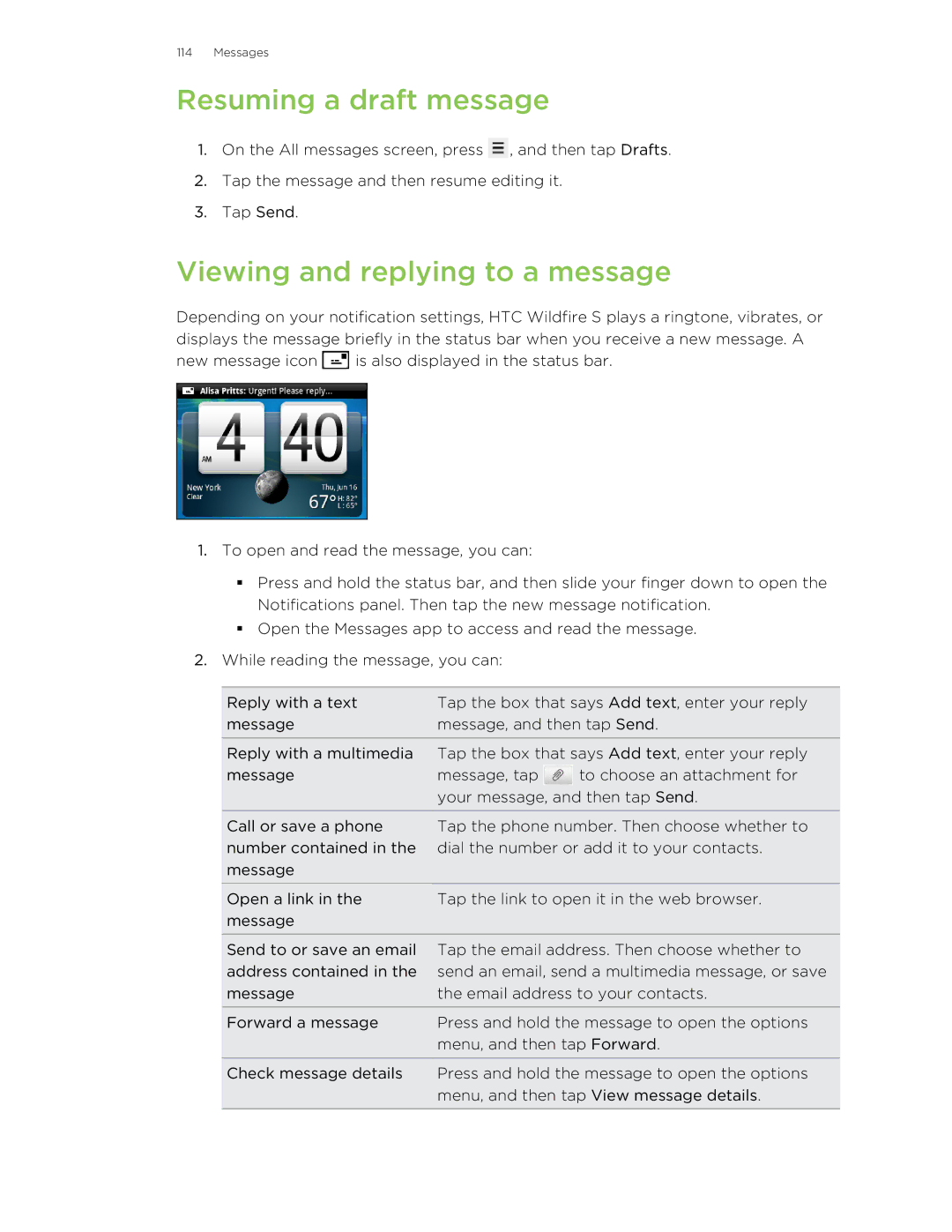 HTC S manual Resuming a draft message, Viewing and replying to a message 