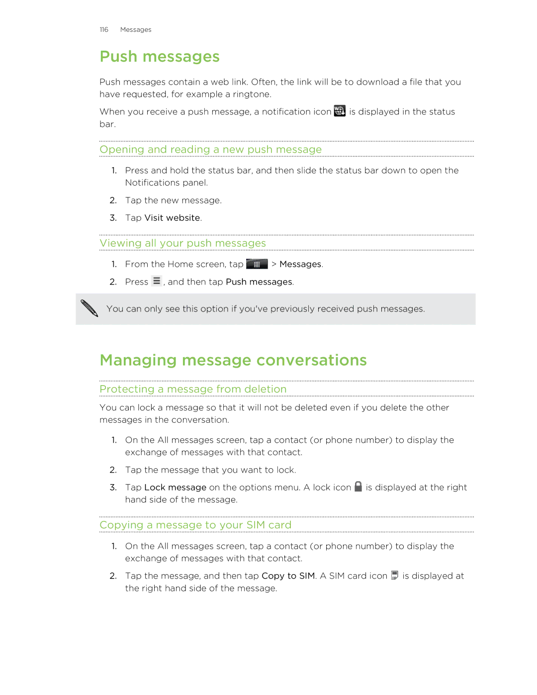 HTC S manual Push messages, Managing message conversations 