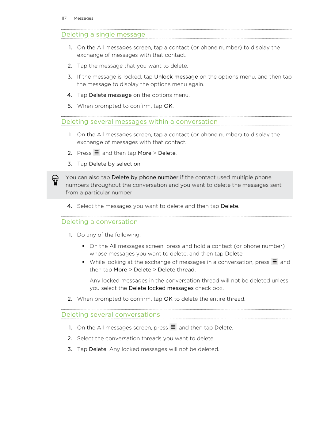 HTC S manual Deleting a single message, Deleting several messages within a conversation, Deleting a conversation 