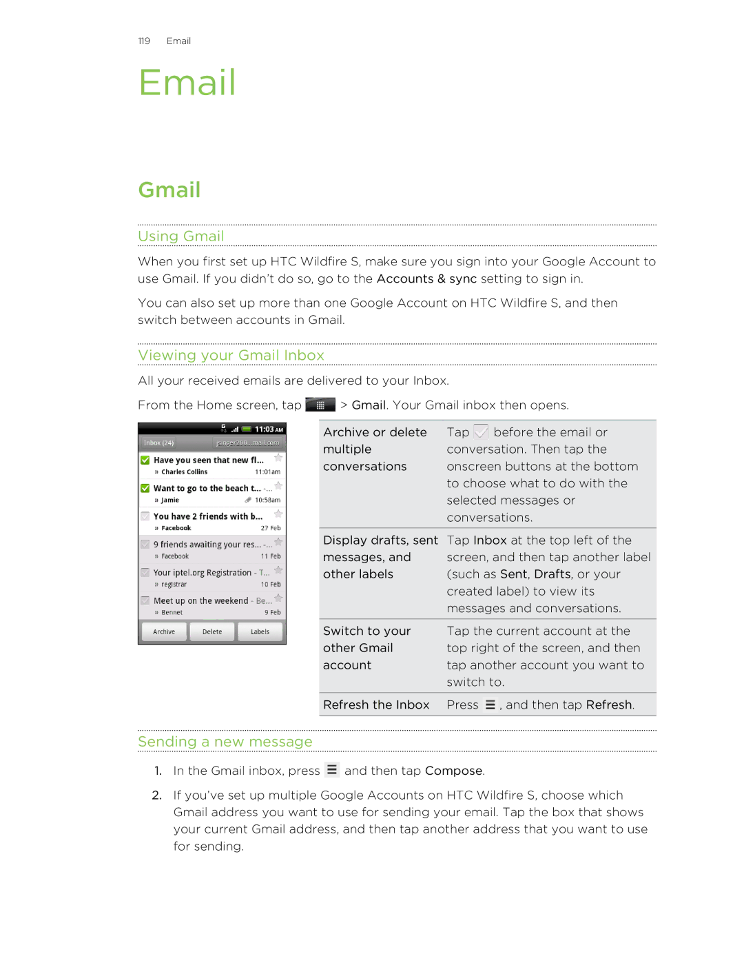 HTC manual Using Gmail, Viewing your Gmail Inbox, Sending a new message 