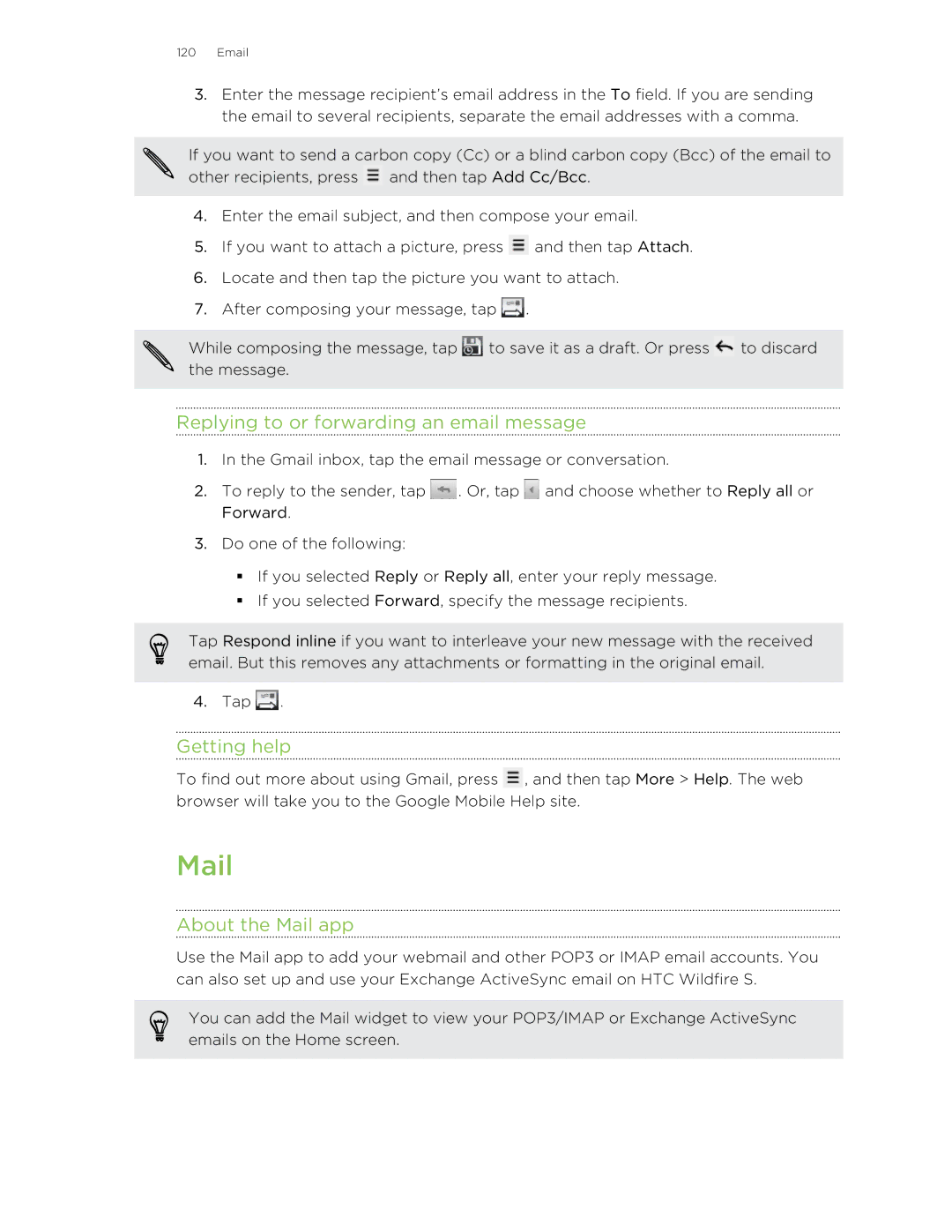 HTC S manual Replying to or forwarding an email message, About the Mail app 