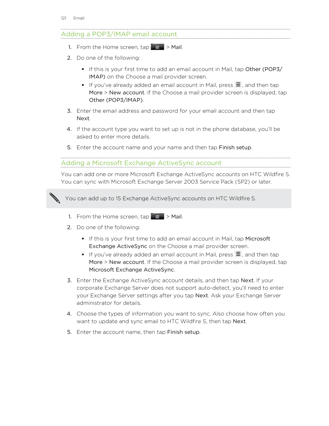 HTC manual Adding a POP3/IMAP email account, Adding a Microsoft Exchange ActiveSync account 