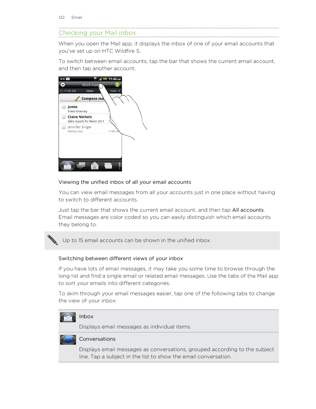 HTC S manual Checking your Mail inbox 