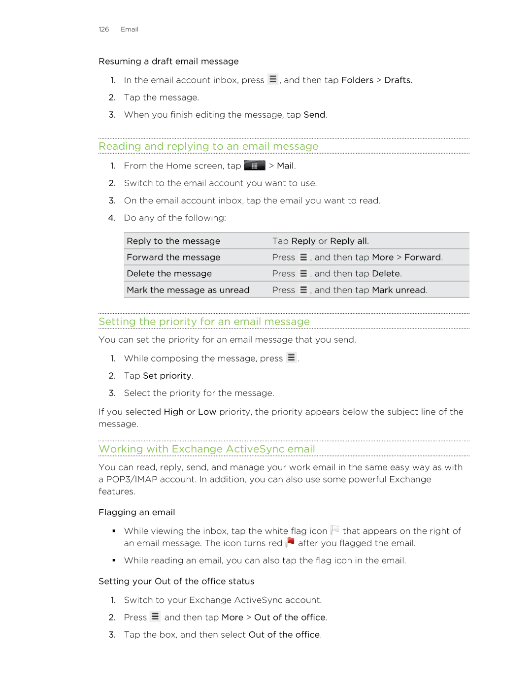 HTC manual Reading and replying to an email message, Setting the priority for an email message 