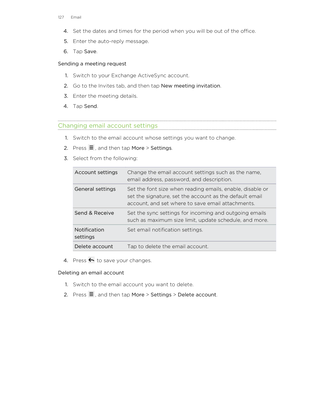 HTC S manual Changing email account settings 