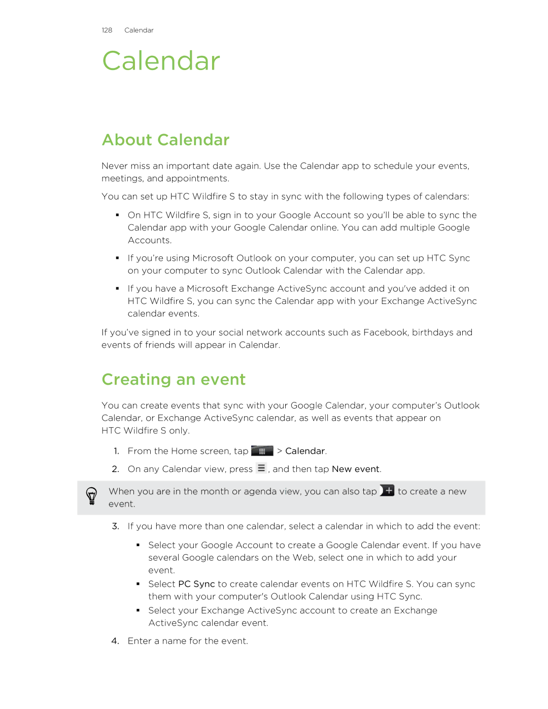 HTC S manual About Calendar, Creating an event 