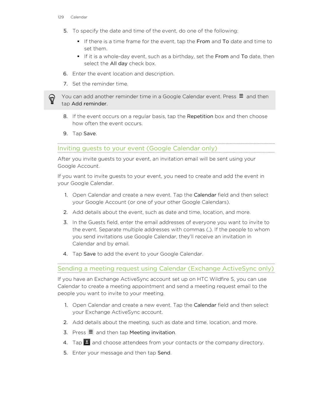 HTC S manual Inviting guests to your event Google Calendar only 