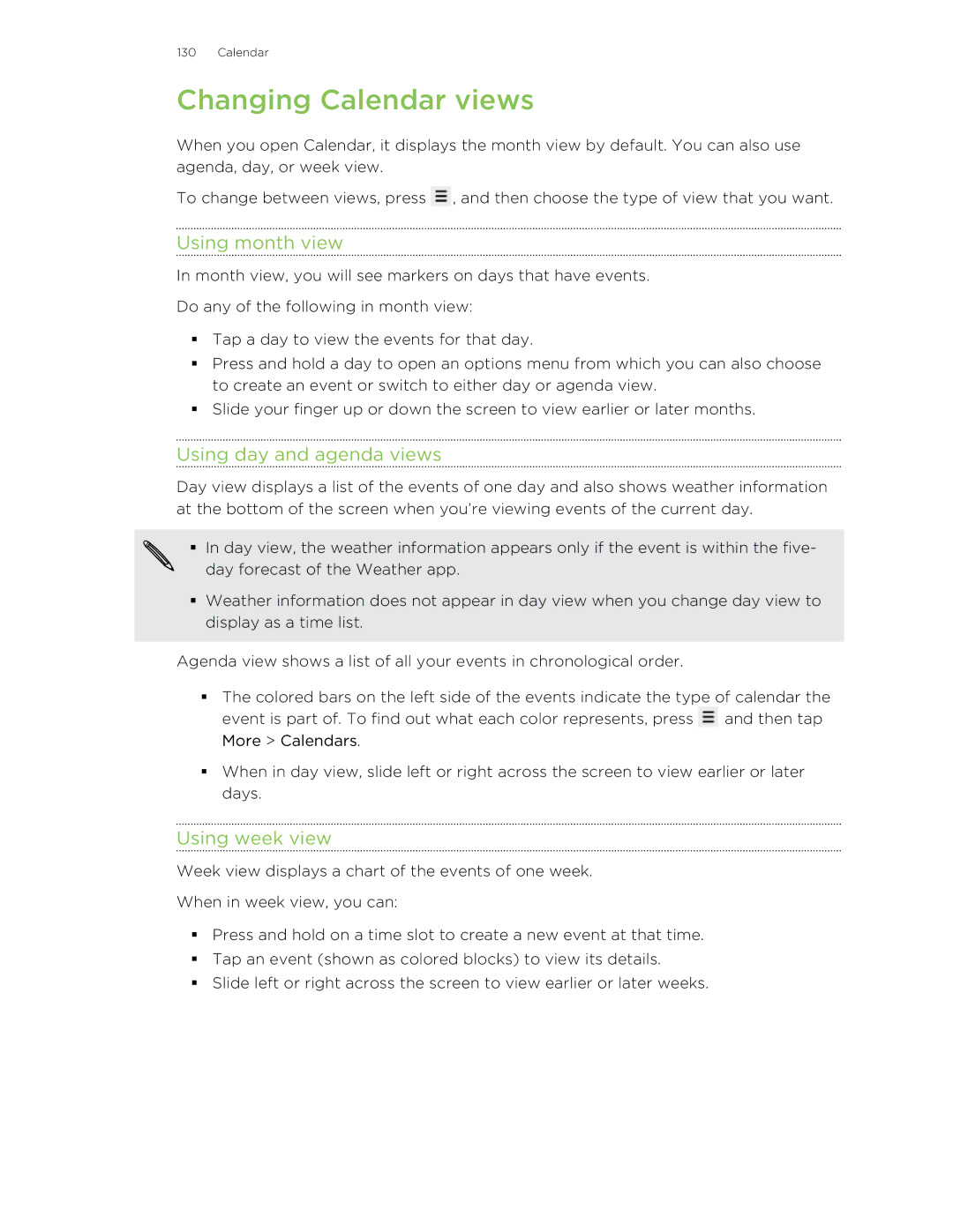 HTC S manual Changing Calendar views, Using month view, Using day and agenda views, Using week view 