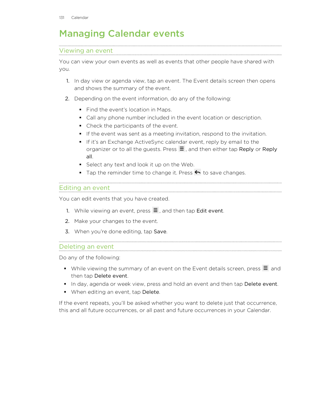 HTC S manual Managing Calendar events, Viewing an event, Editing an event, Deleting an event 
