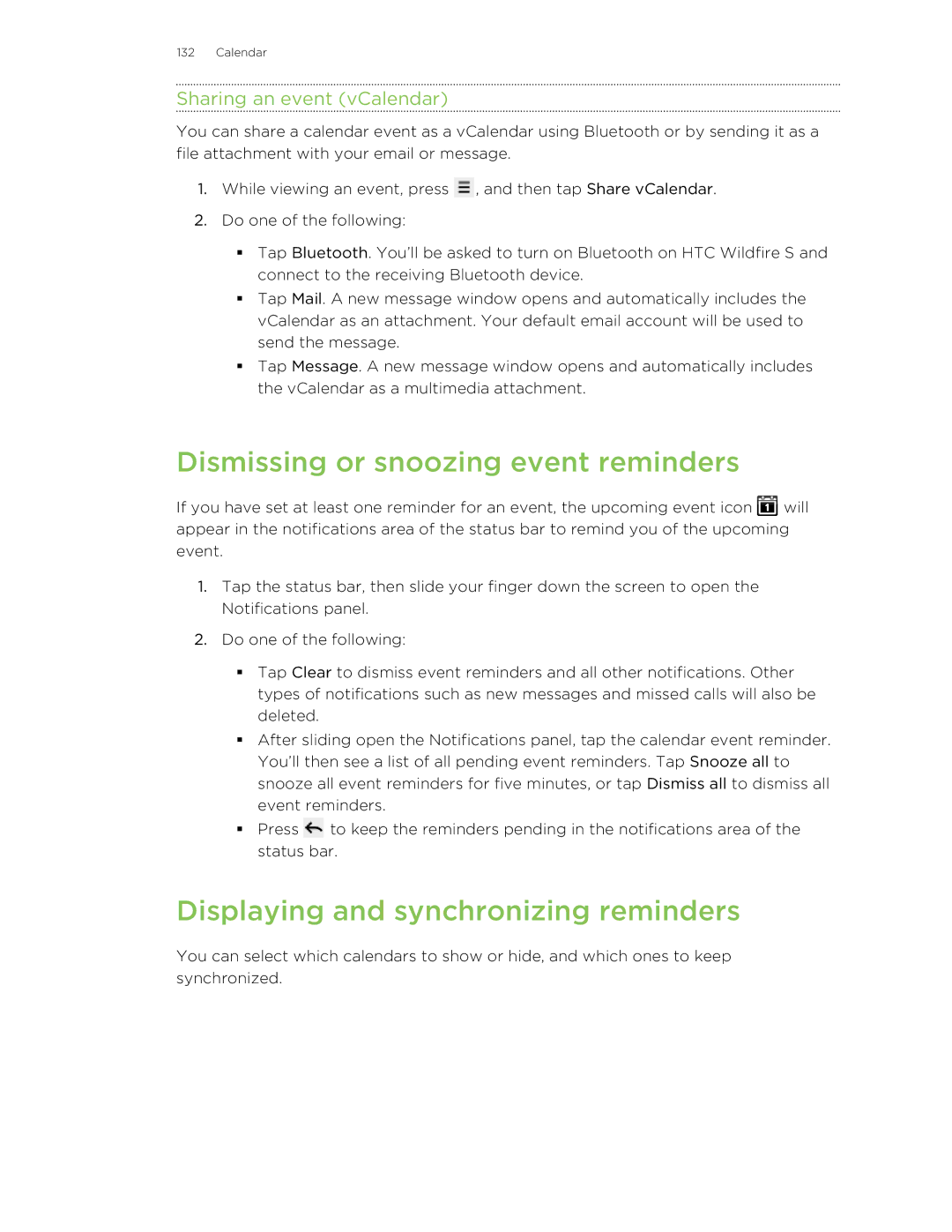 HTC manual Dismissing or snoozing event reminders, Displaying and synchronizing reminders, Sharing an event vCalendar 