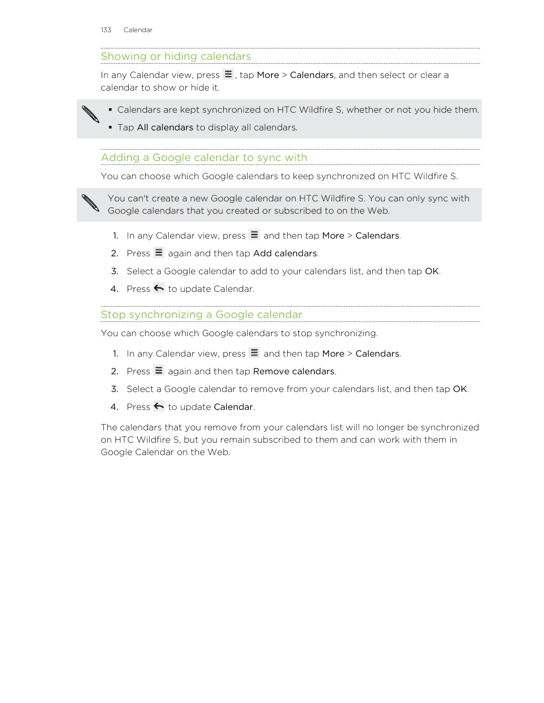 HTC manual Showing or hiding calendars, Adding a Google calendar to sync with, Stop synchronizing a Google calendar 