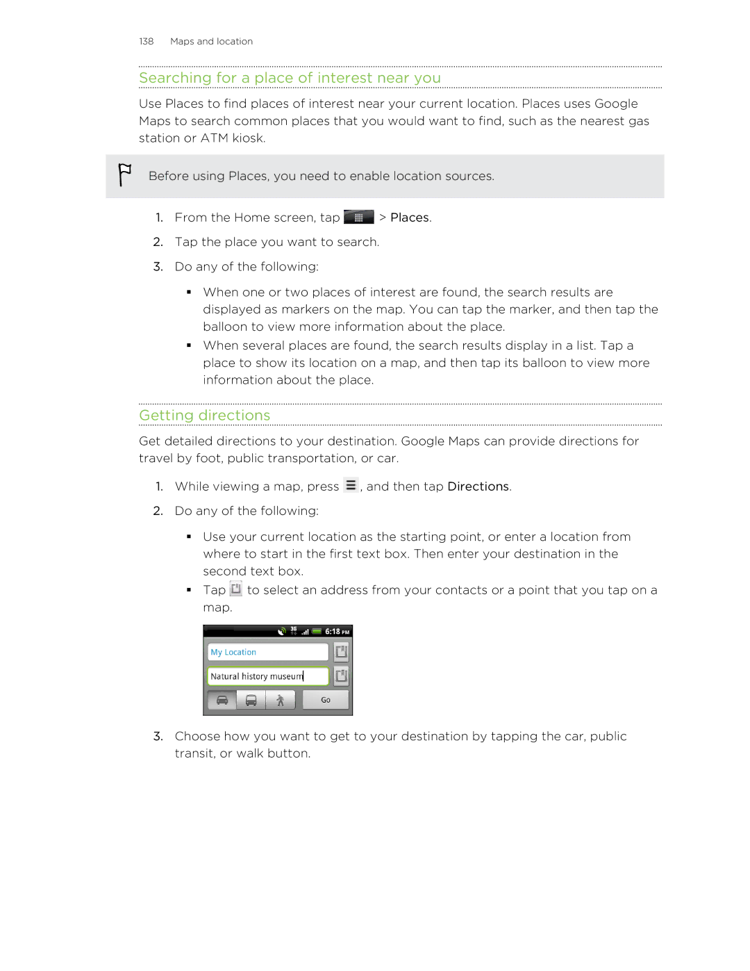 HTC manual Searching for a place of interest near you, Getting directions 