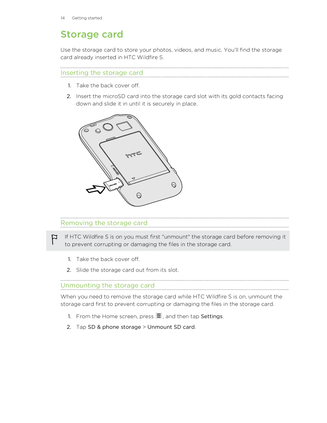 HTC manual Storage card, Inserting the storage card, Removing the storage card, Unmounting the storage card 