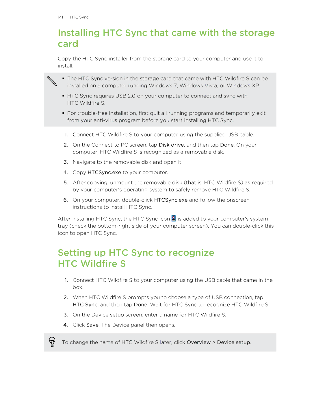 HTC manual Installing HTC Sync that came with the storage card, Setting up HTC Sync to recognize HTC Wildfire S 