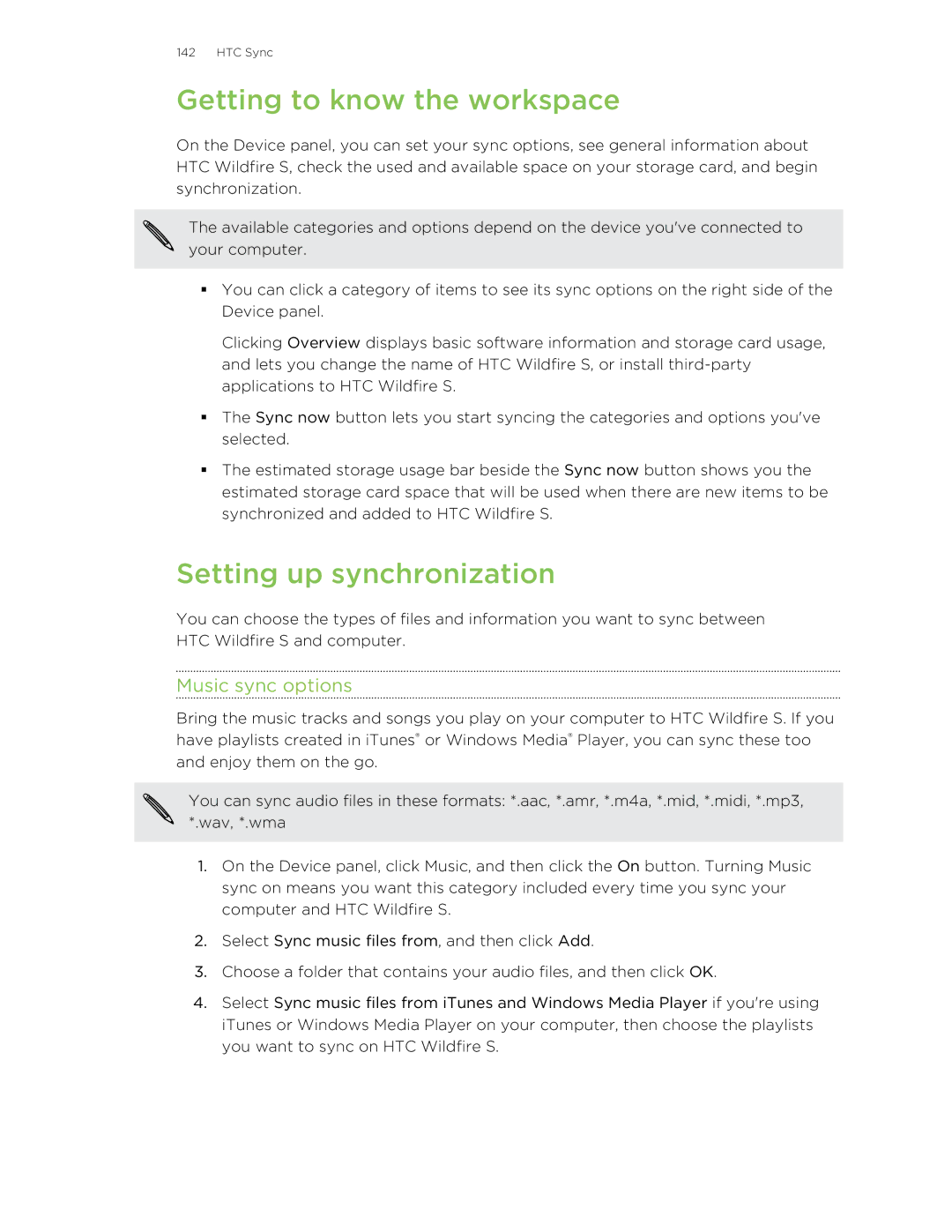 HTC manual Getting to know the workspace, Setting up synchronization, Music sync options 